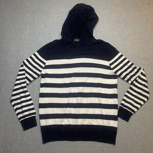 2000s Express Navy White Striped Light Knit Cotton Hooded Pullover Men's Size L